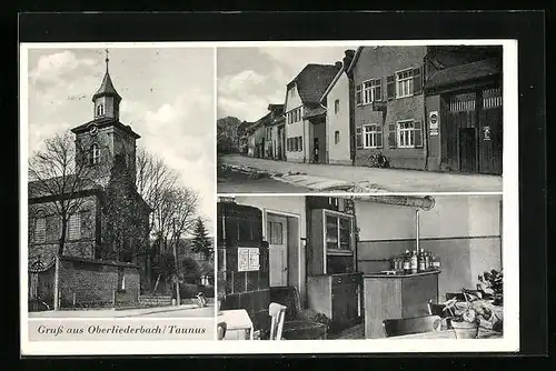 AK Oberliederbach /Taunus, Ortspartie mit Kirche und Gaststätte zur goldenen Krone