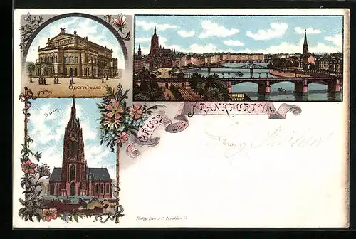 Lithographie Alt-Frankfurt, Ortsansicht mit Dom und Opernhaus