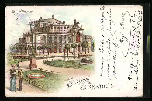 Lithographie Dresden, Kgl. Hoftheater mit Grünanlage