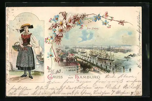 Lithographie Hamburg-Harburg, Der Hafen mit Vierländerin in Tracht