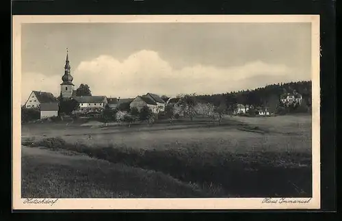 AK Hutschdorf, Totalansicht mit Haus Immanuel aus der Ferne