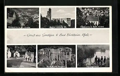 AK Grethen b. Bad Dürkheim, Ortspartien mit ev. und kath. Kirchen, Ruine Limburg, Herzogweiler