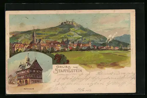 Lithographie Staffelstein, Rathaus, Totalansicht mit Burgruine