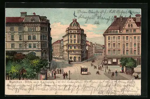 Lithographie München, Blick vom Karlsplatz mit Strassenbahn