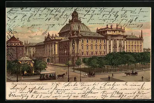 Lithographie München, Justizpalast mit Pferdebahn