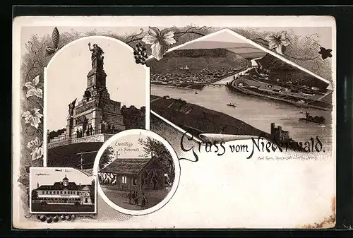 Lithographie Rüdesheim am Rhein, Eremitage a. d. Niederwall, Jagdschloss, Niederwalddenkmal