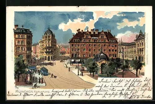 Künstler-AK München, Karlsplatz mit Pavillon und Strassenbahn