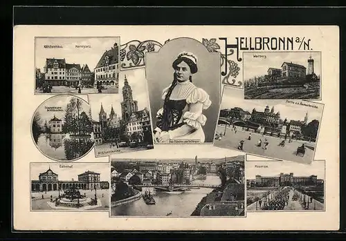 AK Heilbronn a. N., St. Kilianskirche, Kaserne, Bahnhof