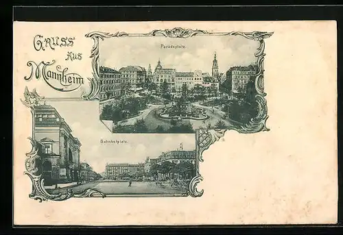 AK Mannheim, Bahnhofplatz, Paradeplatz