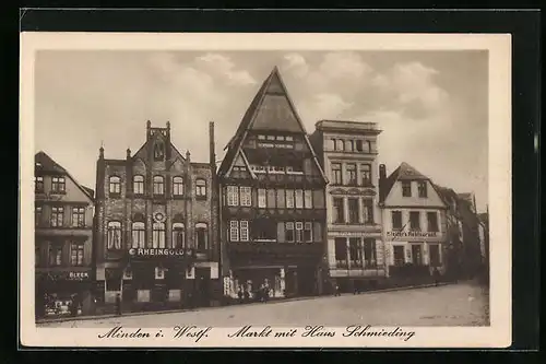 AK Minden i. Westf., Markt mit Kleiter`s Restaurant, Cafe Rheingold und Haus Schmieding