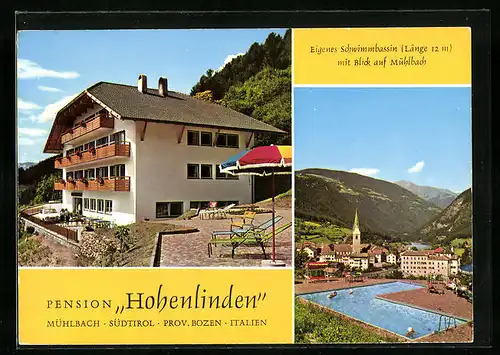 AK Mühlbach, Pension Hohenlinden und Schwimmbassin mit Blick auf den Ort