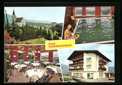 AK Rodeneck, Kirche vom Ort und Hotel-Restaurant Rodenegger Hof in drei Ansichten