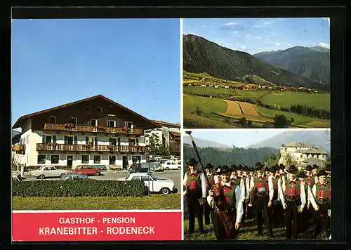 AK Rodeneck, Gasthof-Pension Kranebitter, Ortsansicht, Musiker in Tracht