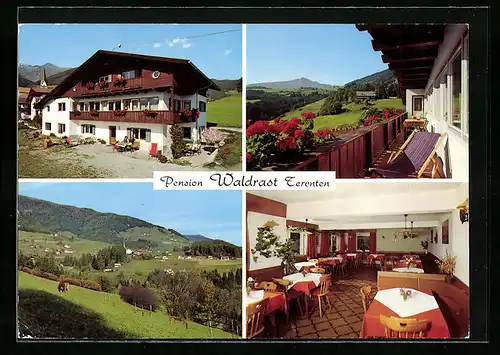 AK Terenten im Pustertal, Pension Waldrast in drei Ansichten mit Ortsansicht