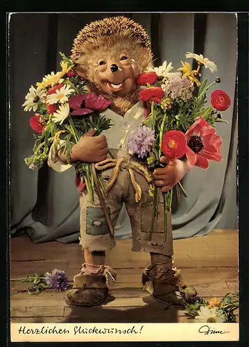 AK Herzlichen Glückwunsch, Mecki mit Blumensträussen