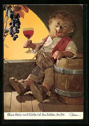 AK Ohne Wein und Liebe ist das Leben trübe, Mecki beim Weintrinken
