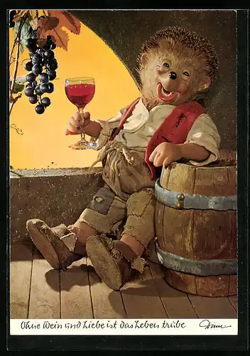 AK Ohne Wein und Liebe ist das Leben trübe, Mecki beim Weintrinken