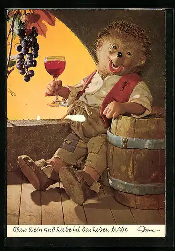 AK Ohne Wein und Liebe ist das Leben trübe, Mecki beim Weintrinken