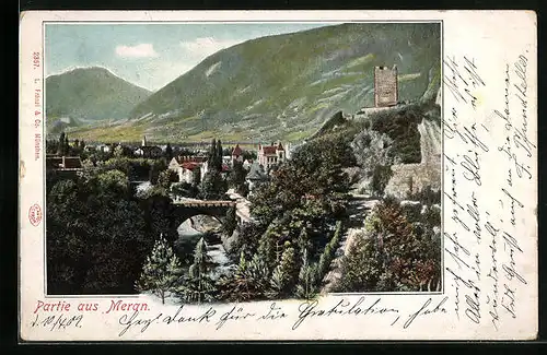 AK Meran, Ortsansicht mit Gebirge