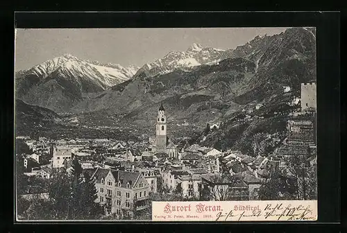 AK Meran, Ortsansicht mit Gebirgskette