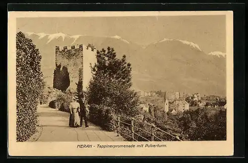 AK Meran, Tappeinerpromenade mit Pulverturm