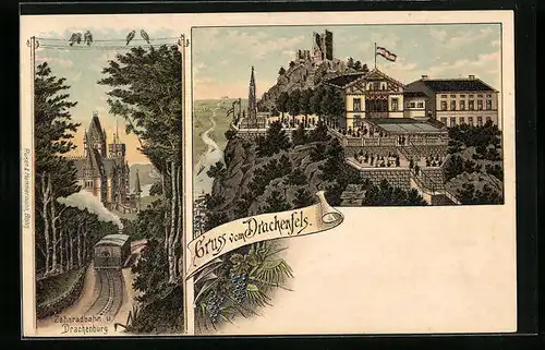 Lithographie Königswinter, Zahnradbahn und Drachenburg, Drachenfels