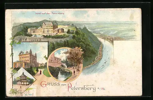 Lithographie Königswinter (Rhein), Hotel auf dem Petersberg