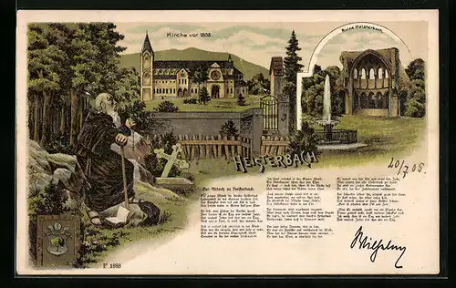 Lithographie Heisterbach, Ruine und Kirche vor 1808