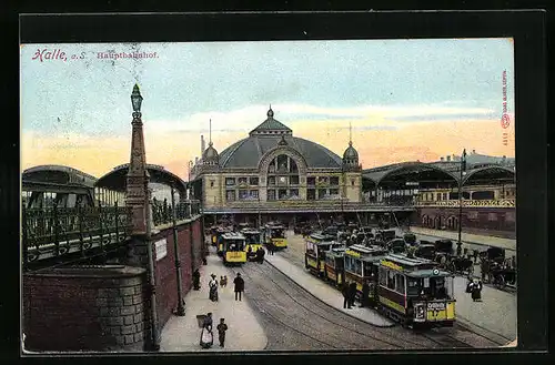 AK Halle a. d. Saale, Strassenbahnen am Hauptbahnhof