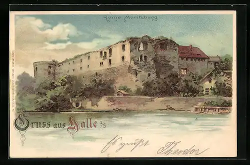 Lithographie Halle / Saale, Ruine Moritzburg