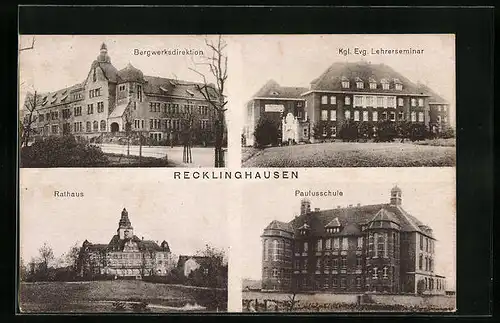 AK Recklinghausen, Bergwerksdirektion, Kgl. Evg. Lehrerseminar, Rathaus, Paulusschule