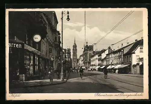 AK Krefeld, Rheinstrasse mit Dionysiuskirche