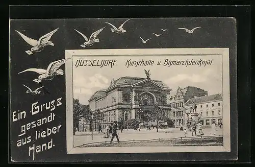 AK Düsseldorf, Kunsthalle und Bismarckdenkmal