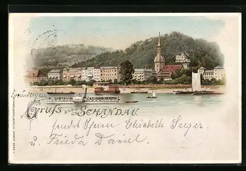 Lithographie Bad Schandau, Ortspartie mit Dampfer Pillnitz
