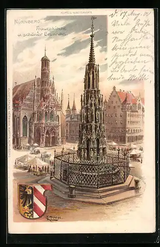 Künstler-AK Nürnberg, Frauenkirche und schöner Brunnen mit Wappen
