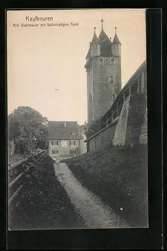 AK Kaufbeuren, Alte Stadtmauer mit fünfknöpfigem Turm