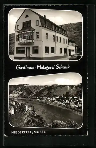 AK Niederfell /Mosel, Ortsansicht und Gasthaus-Metzgerei Schunk