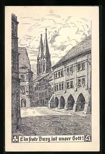 Künstler-AK Görlitz, Ortspartie mit Kirche - 26. Generalversammlung des evangel. Bundes 1913