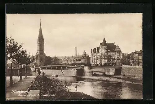 AK Pforzheim, Enzpartie mit Stadtkirche