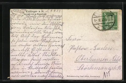 Künstler-AK Esslingen a. N., Totalansicht aus der Vogelschau