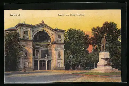 AK Karlsruhe, Festhalle und Bismarckdenkmal