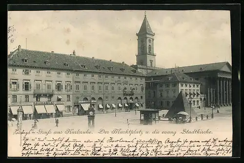 AK Karlsruhe, Der Marktplatz und die evang. Stadtkirche