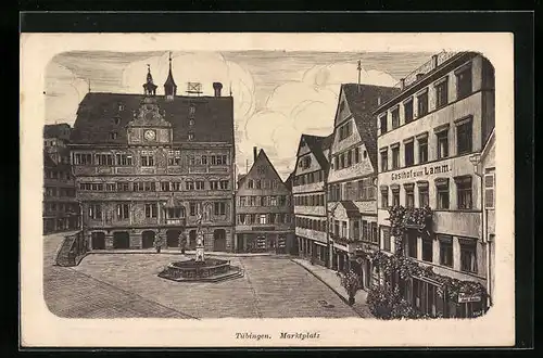 Künstler-AK Tübingen, Marktplatz mit Gasthof Zum Lamm