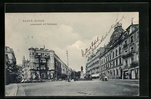 AK Baden-Baden, Leopoldplatz mit Reichspost