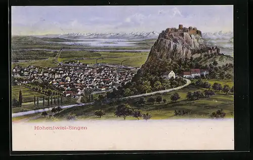 Künstler-AK Hohentwiel-Singen, Totalansicht aus der Vogelschau