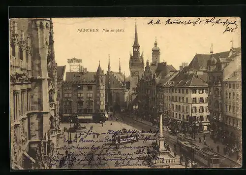 AK München, Marienplatz mit Strassenbahnen