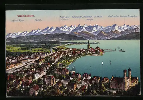 AK Friedrichshafen, Totalansicht mit Gebirgskette aus der Vogelschau