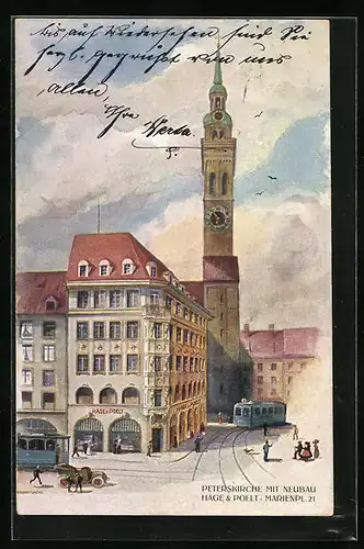 Künstler-AK München, Peterskirche mit Neubau Hage & Poelt