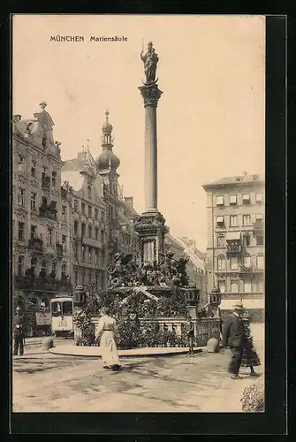 AK München, Strassenbahn an der Mariensäule