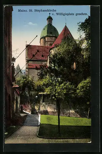AK Mainz, St. Stephanskirche vom Willigisplatz gesehen